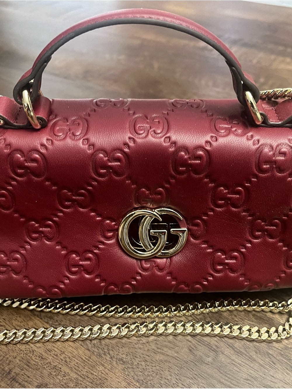 Gucci Red Embossed GG Leather Crossbody with Gold Chain